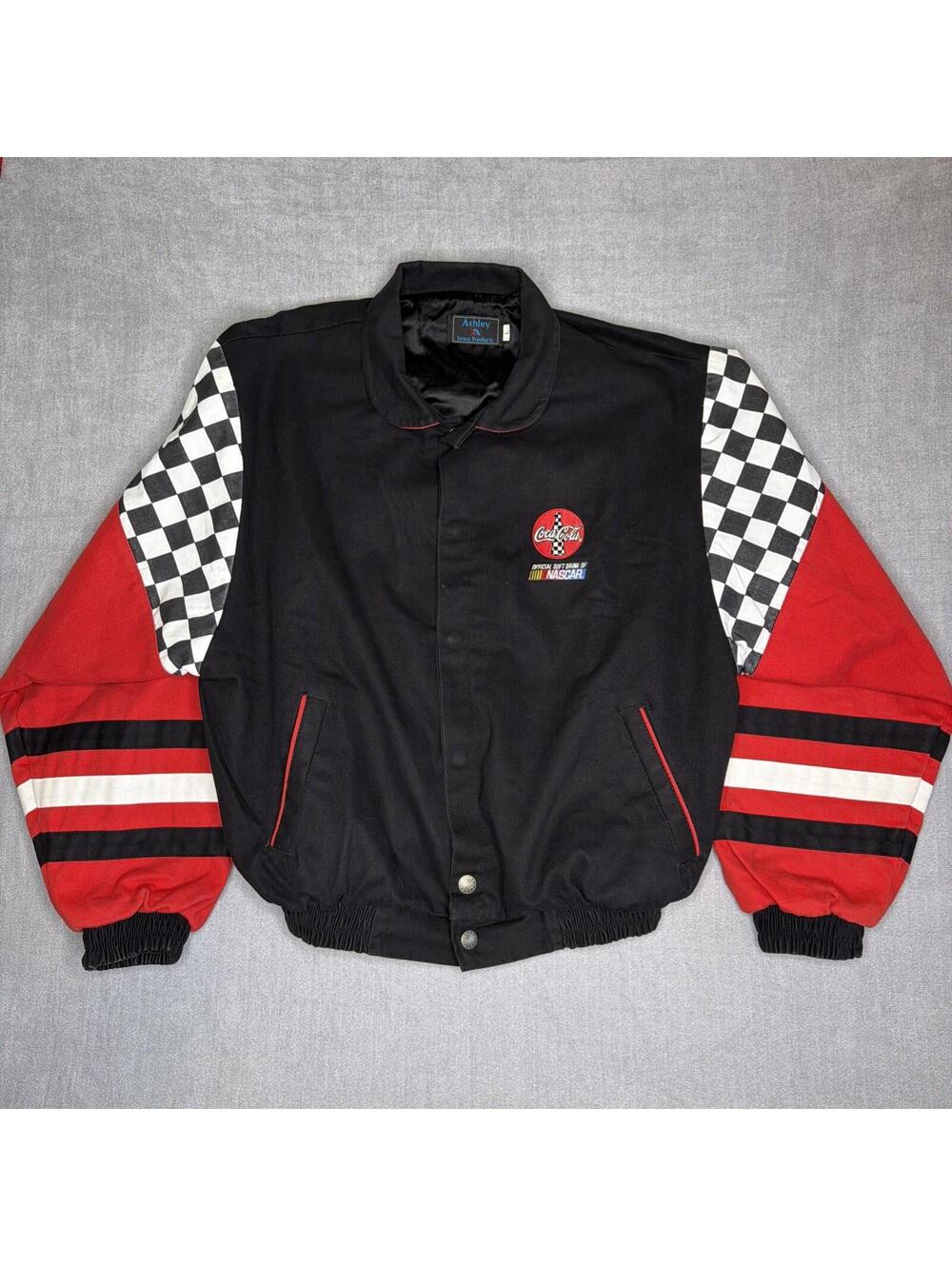 Vintage Coca Cola NASCAR Racing Jacket Large Black Red Checkered Flag 3 Stripe